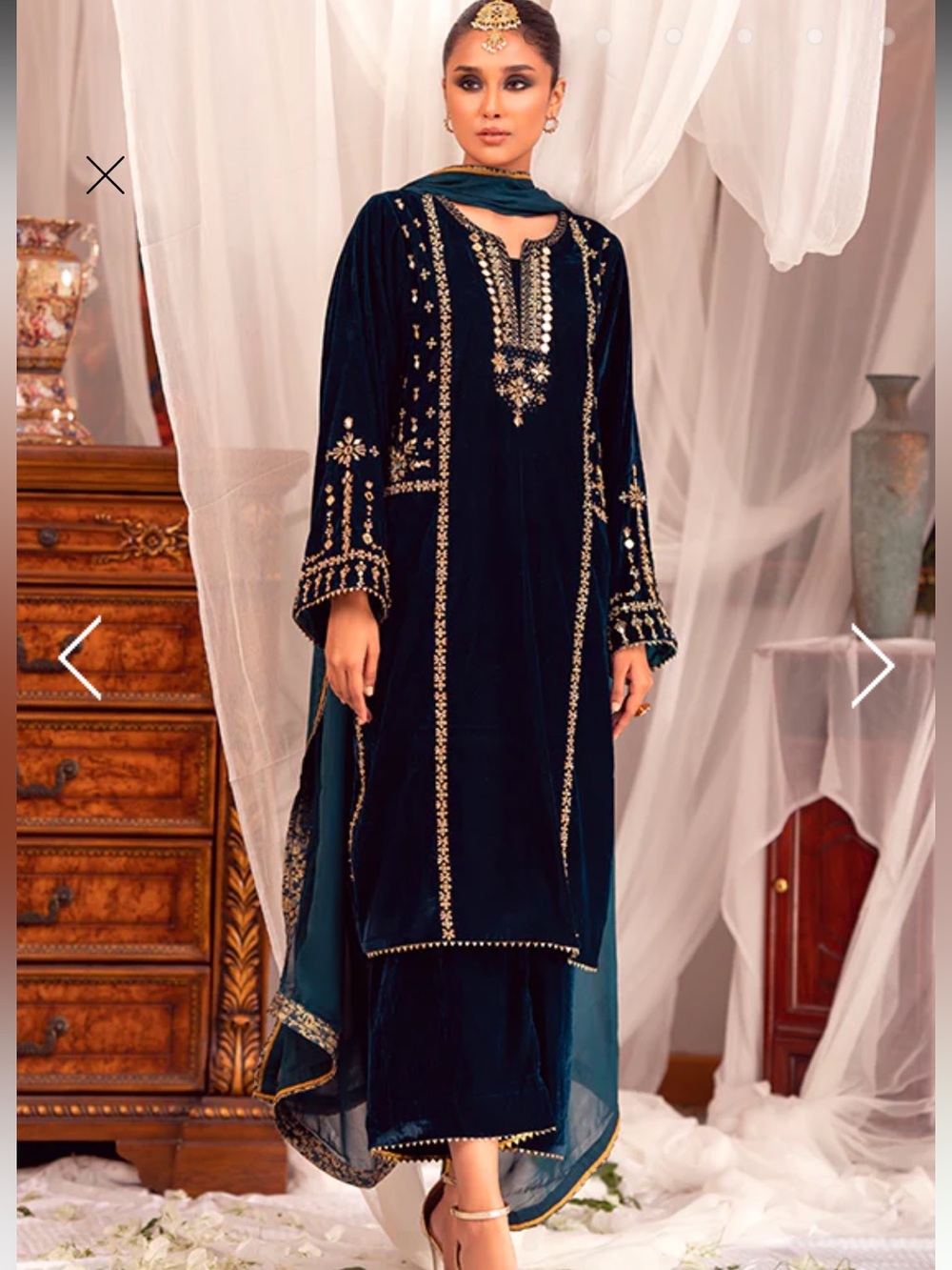 Embroidered Velvet Long Pakistani dress in Deep Teal with Gold Accents
